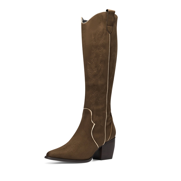 Dallas Embroidered Western Cowboy Knee High Boots - BROWN SUEDE -  0